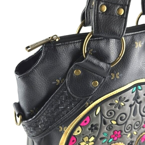 Loungefly Sugar Skull Day of the Dead Large Black Faux Leather Bag Pink Gold - Picture 8 of 16